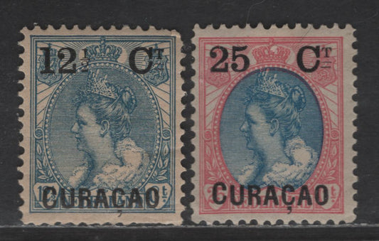 Lot 303 Netherlands Antilles SC#27, 29 25c on 25c - 12.5c on 12.5c Rose Pink & Blue - Blue Queen Wilhelmina, 1902 Overprinted Queen Wilhelmina Issue, 2 FOG Singles, Cat Price Is For No Gum