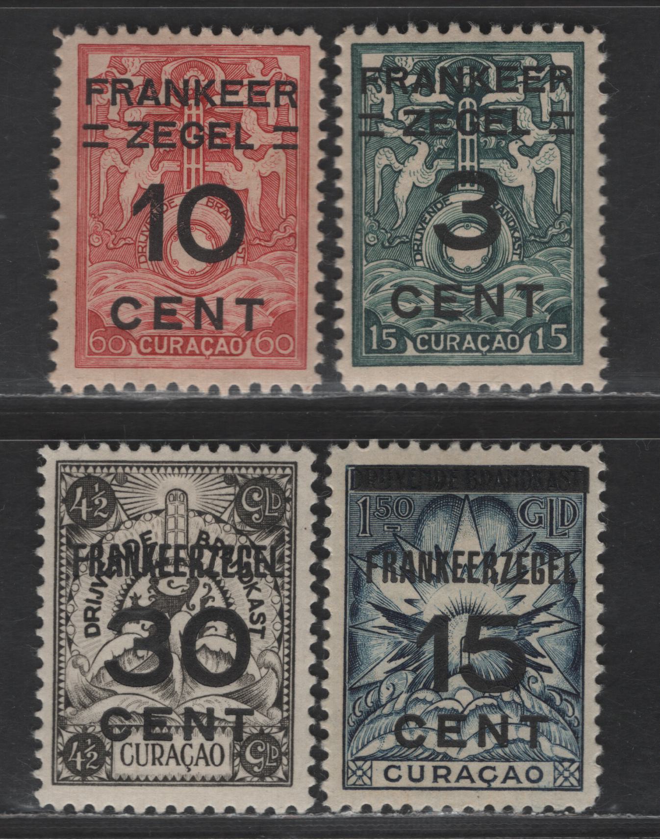 Lot 304 Netherlands Antilles SC#87-88, 90, 92 3c on 15c - 30c on 4.5g Dark Green - Black Marine Insurance, 1927 Overprinted Marine Insurance Issue, 4 F/VFOG/NH Singles, #87-88 Are NH