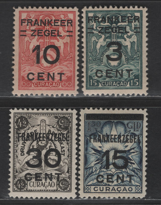 Lot 304 Netherlands Antilles SC#87-88, 90, 92 3c on 15c - 30c on 4.5g Dark Green - Black Marine Insurance, 1927 Overprinted Marine Insurance Issue, 4 F/VFOG/NH Singles, #87-88 Are NH
