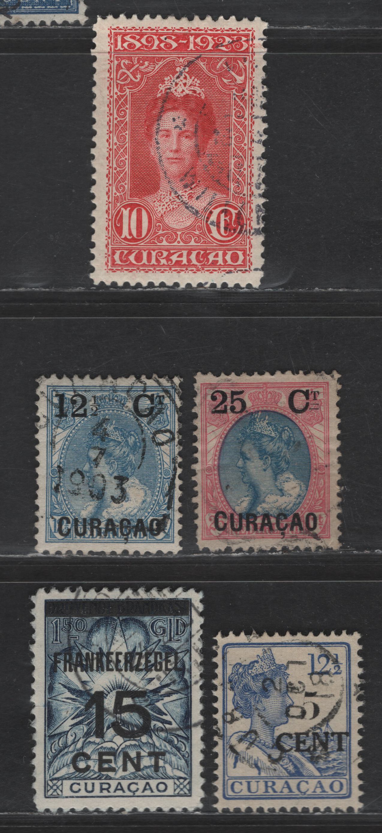 Lot 305 Netherlands Antilles SC#27, 29, 77, 74, 90 25c on 25c - 15c on 1.5g Rose Pink & Blue - Dark Blue Queen Wilhelmina - Marine Insurance, 1902-1927 Overprinted Queen Wilhelmina & Marine Insurance Issues, 5 Fine/Very Fine Used Singles