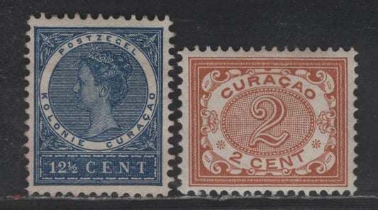 Lot 306 Netherlands Antilles SC#31, 37 2c - 12.5c Yellow Brown - Deep Blue Numeral - Queen Wilhelmina, 1904-1908 Numeral & Queen Wilhelmina Issues, 2 VFOG Singles, Cross Hatched Background