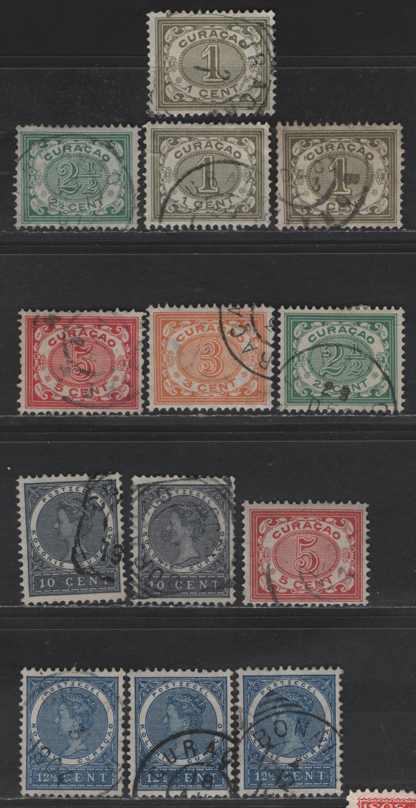 Lot 307 Netherlands Antilles SC#30, 32-34, 36-37 1c - 12.5 Olive Green - Deep Blue Numeral - Queen Wilhelmina, 1904-1908 Numeral & Queen Wilhelmina Issues, 13 VFOG Singles, Cross Hatched Background, Unlisted Shade Variations