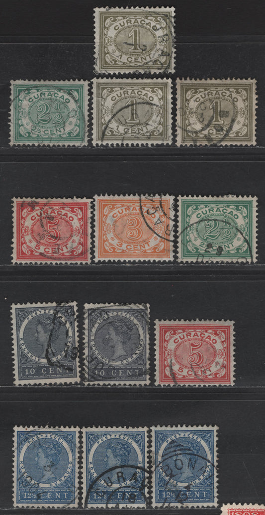 Lot 307 Netherlands Antilles SC#30, 32-34, 36-37 1c - 12.5 Olive Green - Deep Blue Numeral - Queen Wilhelmina, 1904-1908 Numeral & Queen Wilhelmina Issues, 13 VFOG Singles, Cross Hatched Background, Unlisted Shade Variations