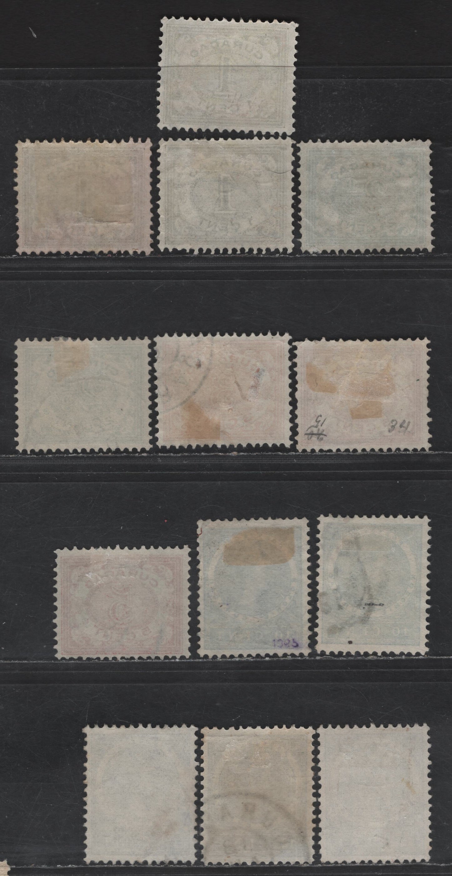 Lot 307 Netherlands Antilles SC#30, 32-34, 36-37 1c - 12.5 Olive Green - Deep Blue Numeral - Queen Wilhelmina, 1904-1908 Numeral & Queen Wilhelmina Issues, 13 VFOG Singles, Cross Hatched Background, Unlisted Shade Variations