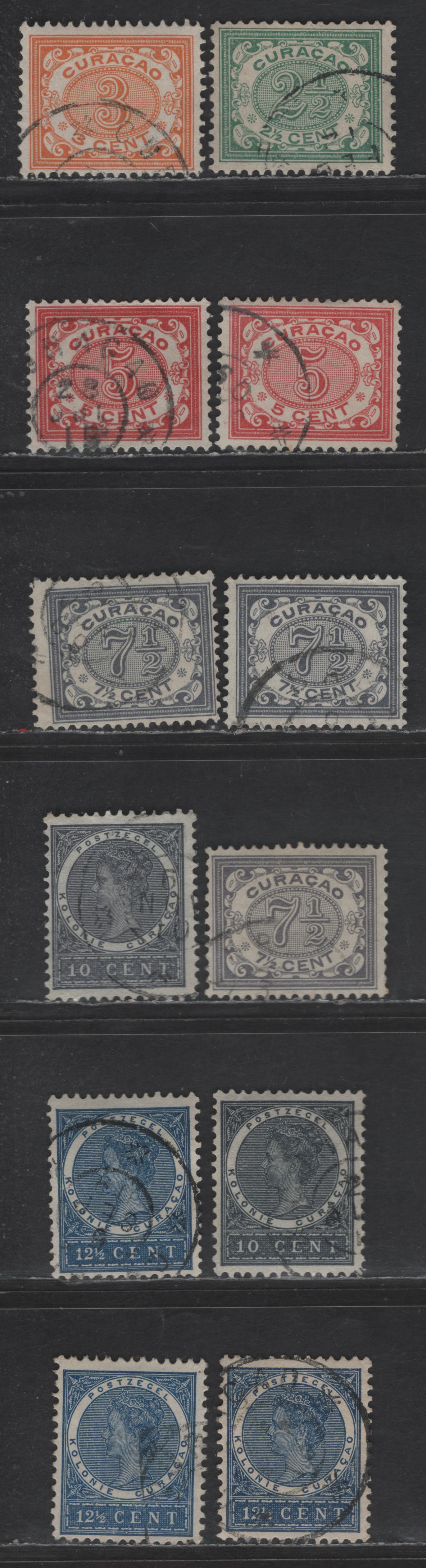 Lot 308 Netherlands Antilles SC#32-37 2.5c - 12.5c Blue Green - Deep Blue Numeral - Queen Wilhelmina, 1904-1908 Numeral & Queen Wilhelmina Issues, 12 Fine Used Singles, Cross Hatched Background, Shade Variations