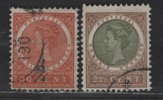 Lot 309 Netherlands Antilles SC#39, 41 22.5c - 30c Brown & Olive - Brown Orange Queen Wilhelmina, 1904-1908 Queen Wilhelmina Issue, 2 Fine Used Singles