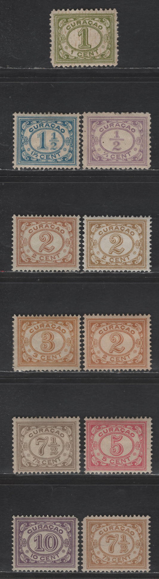 Lot 312 Netherlands Antilles SC#45-47, 50, 52, 55-57 1c - 10c Olive Green - Violet Numeral, 1915-1923 Numeral Issue, 11 F/VFOG Singles, White Background, Various Perfs & Shades