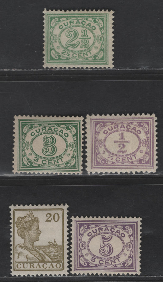 Netherlands Antilles SC#45, 49, 51, 54, 65 1/2c - 20c Lilac - Olive Green Numeral - Queen Wilhelmina, 1913-1933 Numeral & Queen Wilhelmina Issues, 5 F/VFOG Singles, White Background, Various Perfs