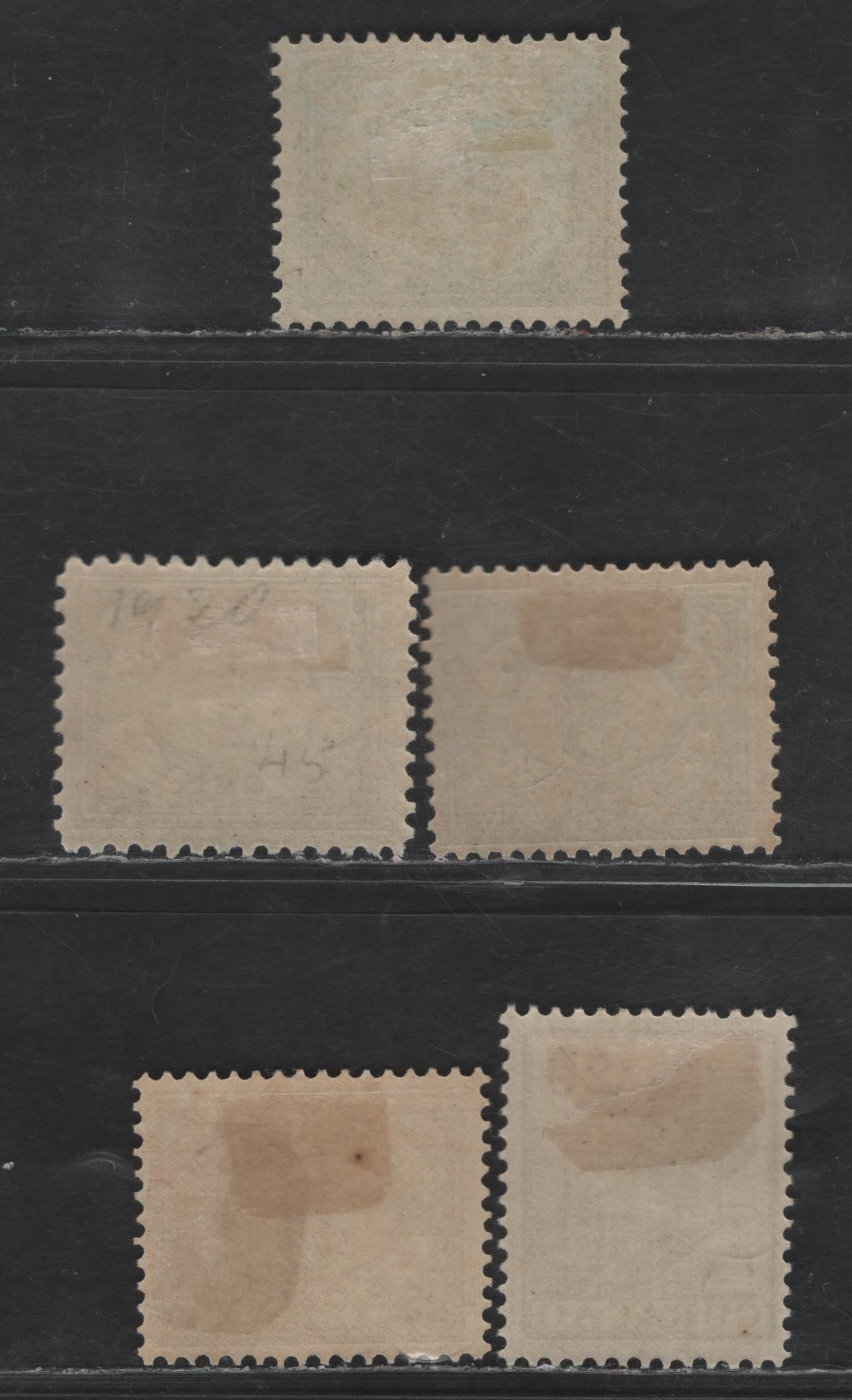 Lot 313 Netherlands Antilles SC#45, 49, 51, 54, 65 1/2c - 20c Lilac - Olive Green Numeral - Queen Wilhelmina, 1913-1933 Numeral & Queen Wilhelmina Issues, 5 F/VFOG Singles, White Background, Various Perfs