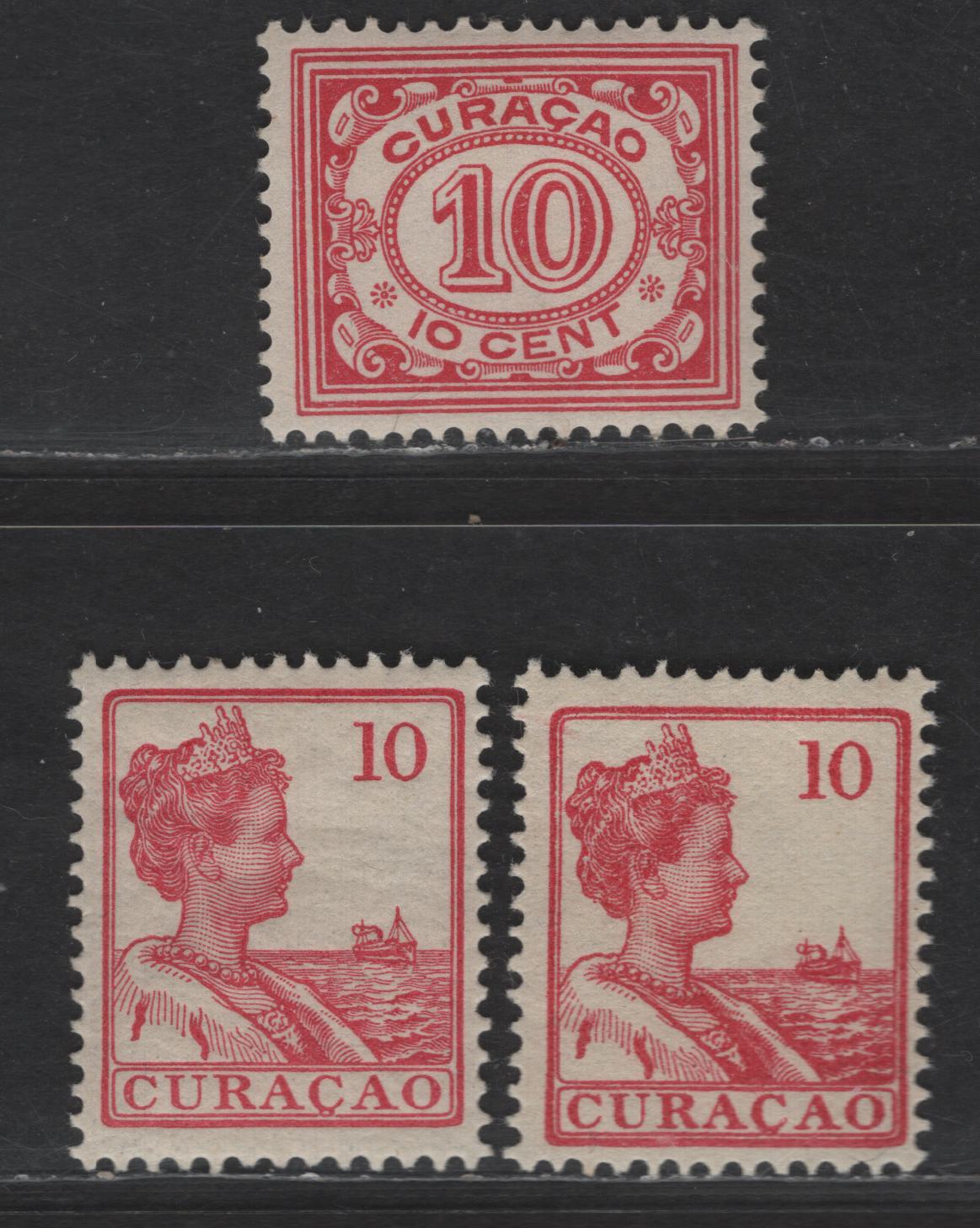 Lot 314 Netherlands Antilles SC#58-59 10c Carmine Rose Queen Wilhelmina & Numeral, 1915-1933 Queen Wilhelmina & Numeral Issues, 3 F/VFOG Singles, White Background
