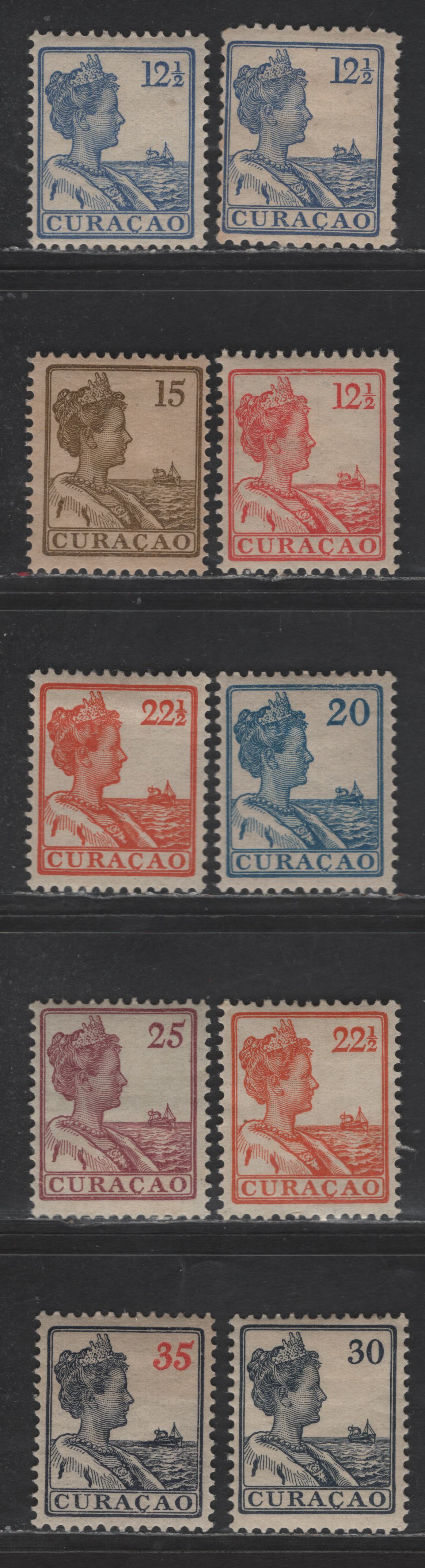 Lot 315 Netherlands Antilles SC#60-64, 66-69 12.5c - 35c Blue - Slate & Red Queen Wilhelmina, 1913-1933 Queen Wilhelmina Issue, 10 F/VFOG Singles, Perfs 11 & 12.5