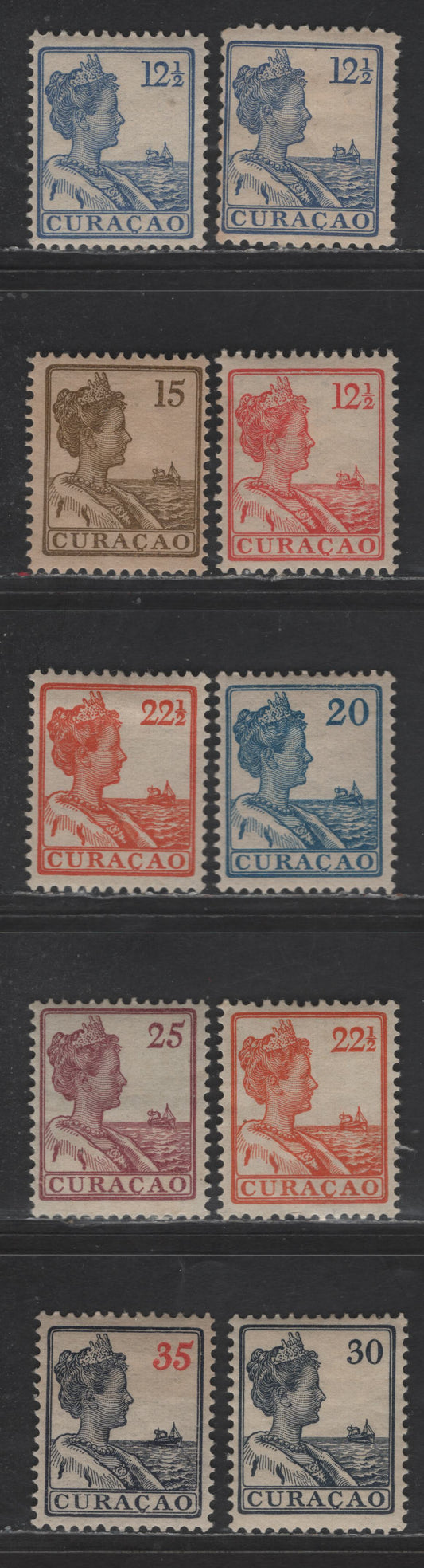Lot 315 Netherlands Antilles SC#60-64, 66-69 12.5c - 35c Blue - Slate & Red Queen Wilhelmina, 1913-1933 Queen Wilhelmina Issue, 10 F/VFOG Singles, Perfs 11 & 12.5