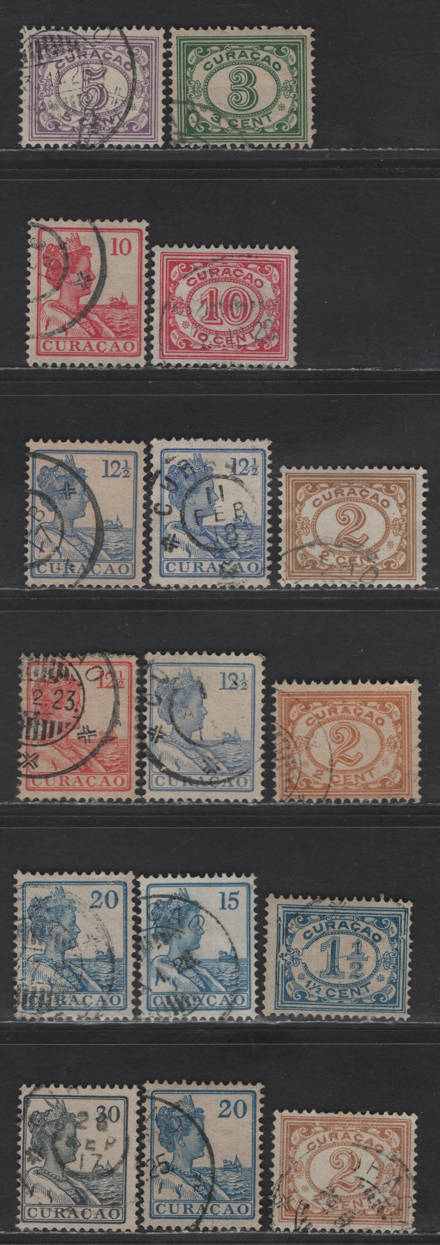 Lot 316 Netherlands Antilles SC#47, 48, 51, 54, 58-59, 61, 63-64, 68 2c - 30c Yellow Brown - Slate Numerals - Queen Wilhelmina, 1915-1933 Queen Wilhelmina & Numeral Issues, 16 Fine Used Singles