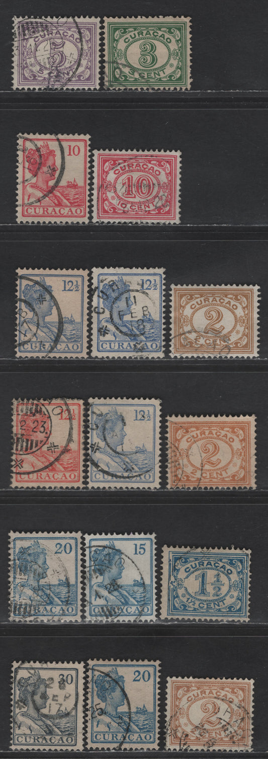 Lot 316 Netherlands Antilles SC#47, 48, 51, 54, 58-59, 61, 63-64, 68 2c - 30c Yellow Brown - Slate Numerals - Queen Wilhelmina, 1915-1933 Queen Wilhelmina & Numeral Issues, 16 Fine Used Singles