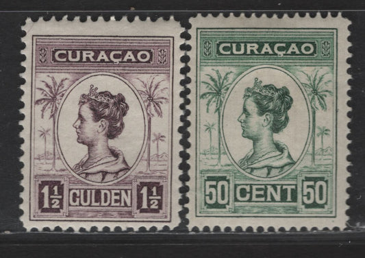Lot 317 Netherlands Antilles SC#70-71 50c - 1.5g Green - Violet Queen Wilhelmina, 1915-1933 Queen Wilhelmina Issue, 2 VFOG Singles, Perfs 12.5 & 11.5