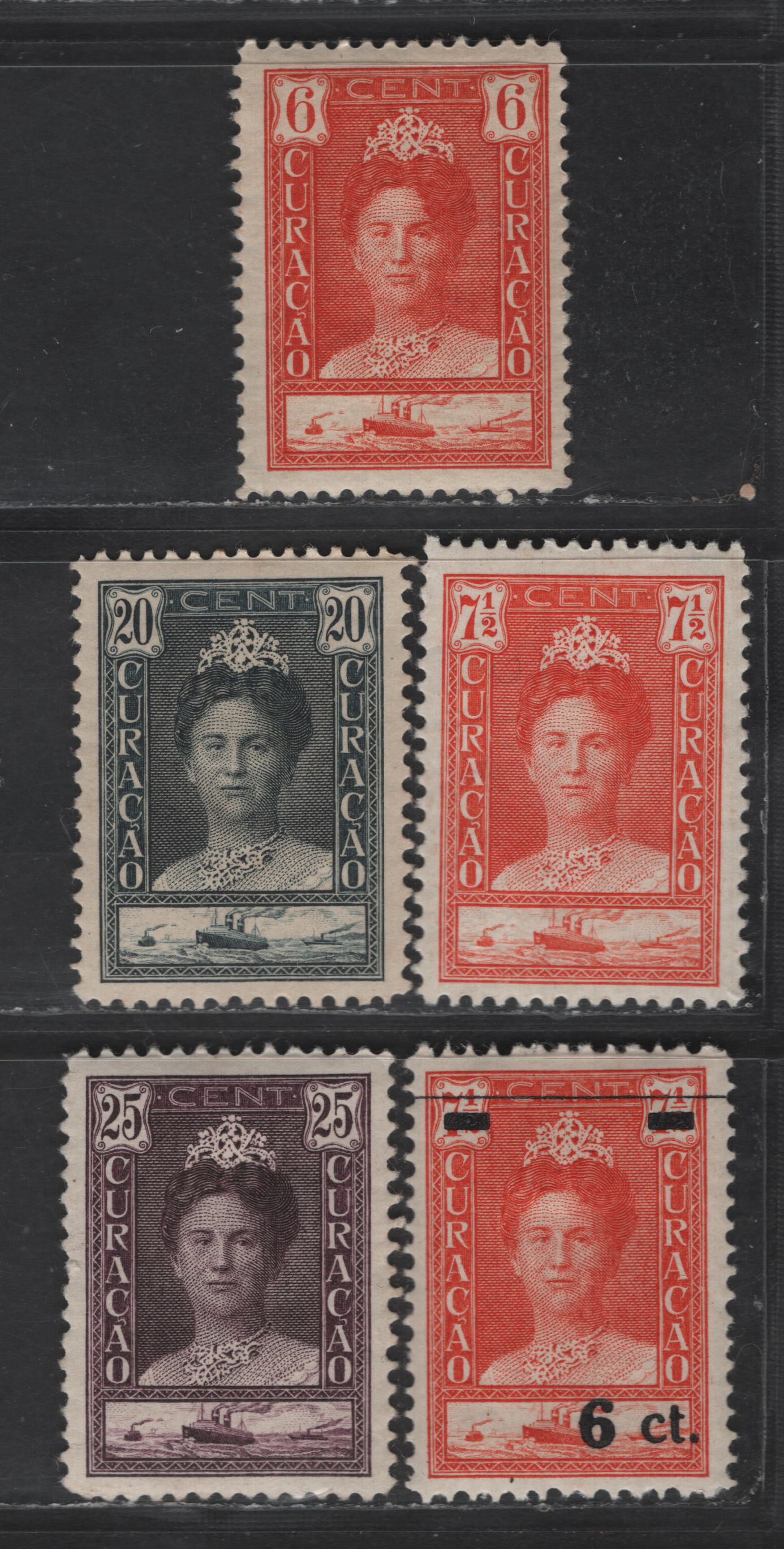 Lot 318 Netherlands Antilles SC#95-96, 100, 102, 106 6c - 6c on 7.5c Orange Red Queen Wilhelmina, 1928-1930 Queen Wilhelmina Issue, 5 VFOG Singles, Perf 11.5