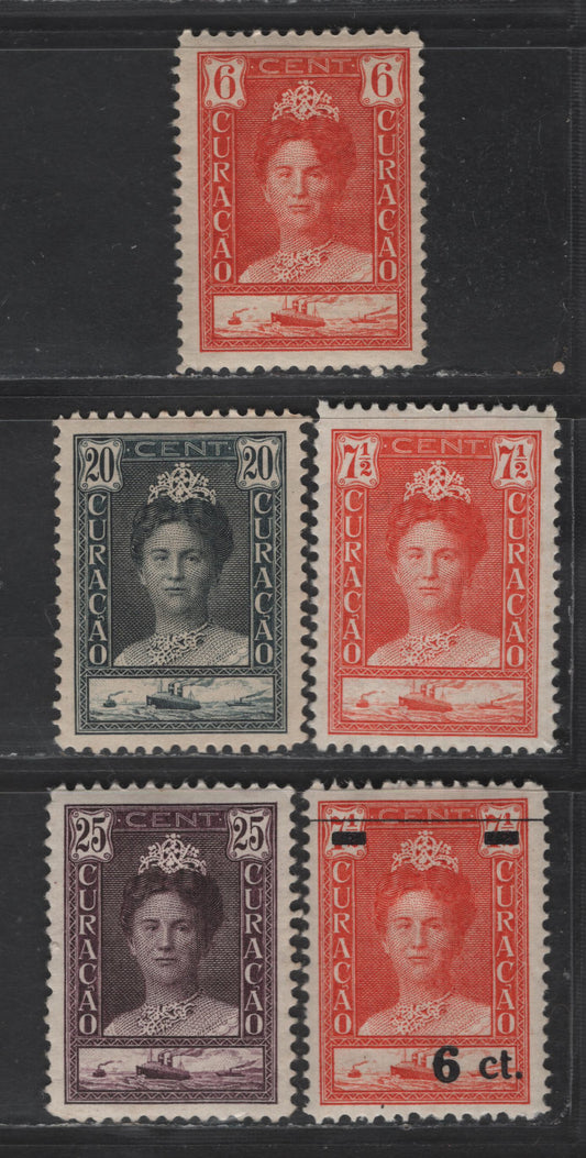 Lot 318 Netherlands Antilles SC#95-96, 100, 102, 106 6c - 6c on 7.5c Orange Red Queen Wilhelmina, 1928-1930 Queen Wilhelmina Issue, 5 VFOG Singles, Perf 11.5
