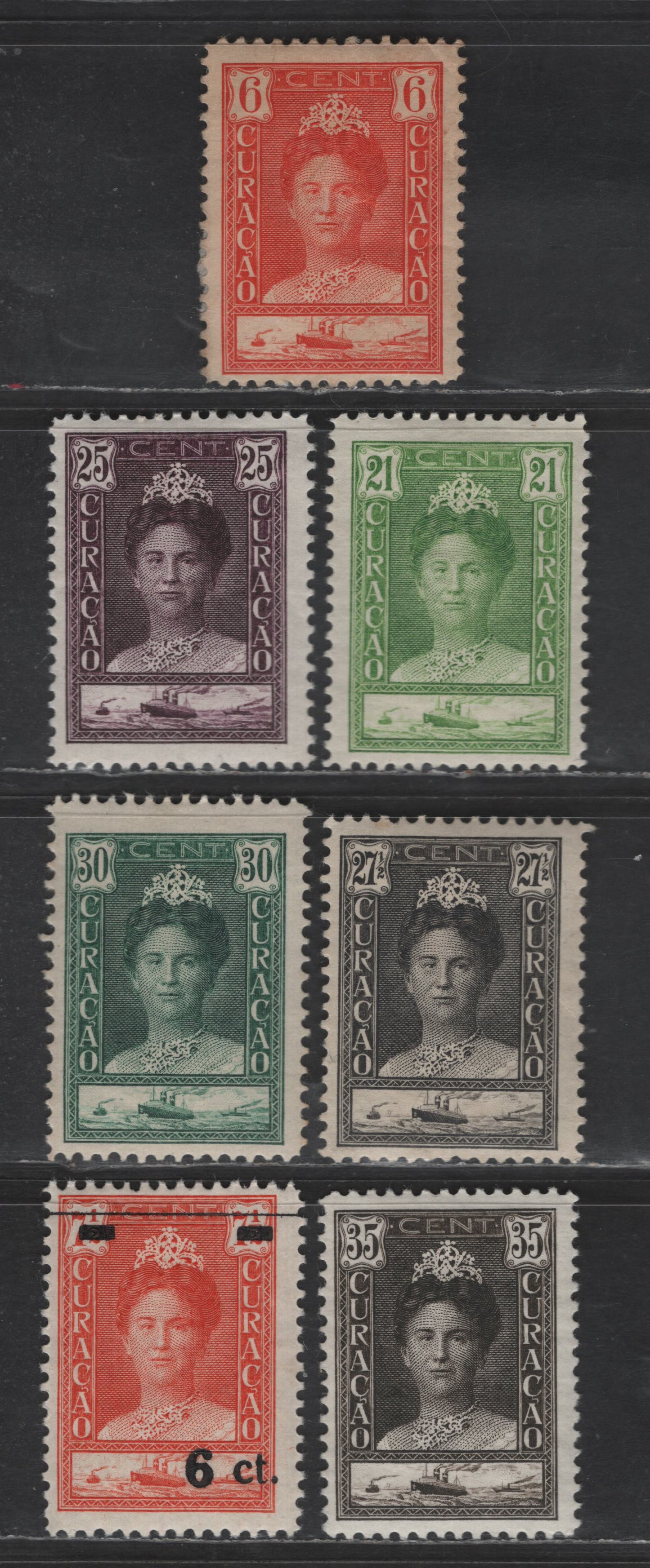Lot 319 Netherlands Antilles SC#95, 101-106 6c - 6c on 7.5c Orange Red Queen Wilhelmina, 1928-1930 Queen Wilhelmina Issue, 7 FOG Singles