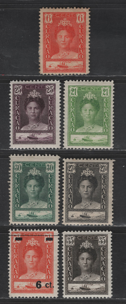 Lot 319 Netherlands Antilles SC#95, 101-106 6c - 6c on 7.5c Orange Red Queen Wilhelmina, 1928-1930 Queen Wilhelmina Issue, 7 FOG Singles