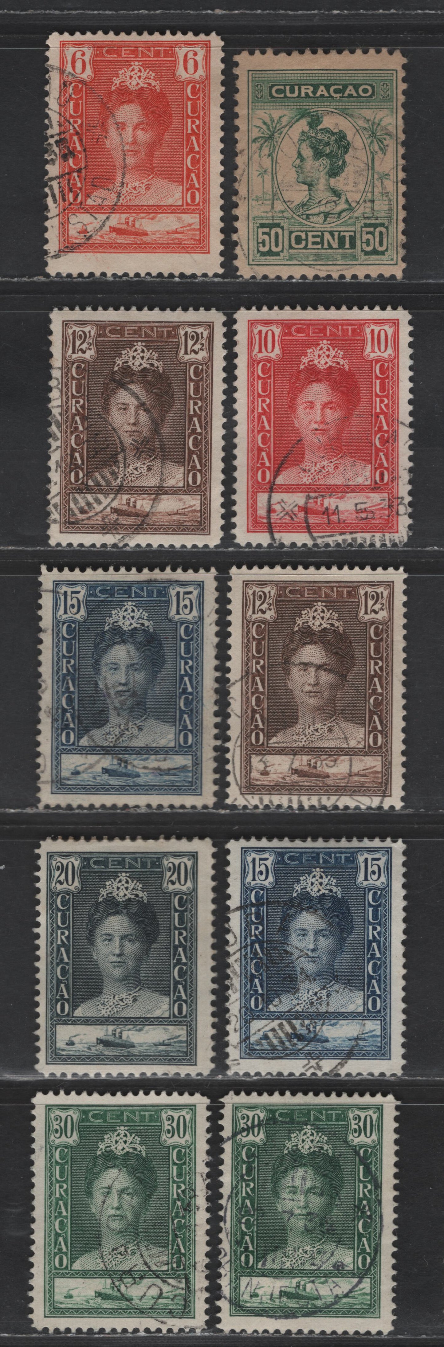 Lot 320 Netherlands Antilles SC#70, 95, 97-100, 104 50c - 30c Green - Deep Green Queen Wilhelmina, 1915-1933 Queen Wilhelmina Issue, 10 Fine/Very Fine Used Singles, Perfs 11 & 12.5, Shade Variations