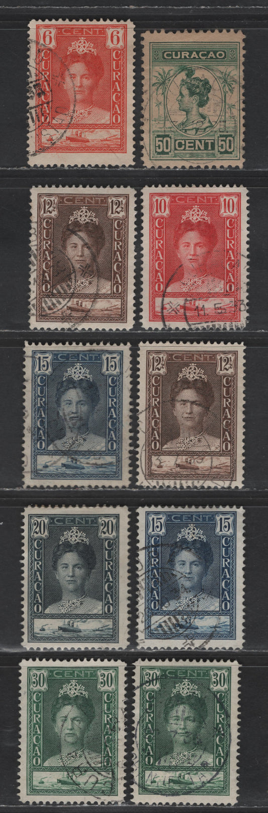 Lot 320 Netherlands Antilles SC#70, 95, 97-100, 104 50c - 30c Green - Deep Green Queen Wilhelmina, 1915-1933 Queen Wilhelmina Issue, 10 Fine/Very Fine Used Singles, Perfs 11 & 12.5, Shade Variations