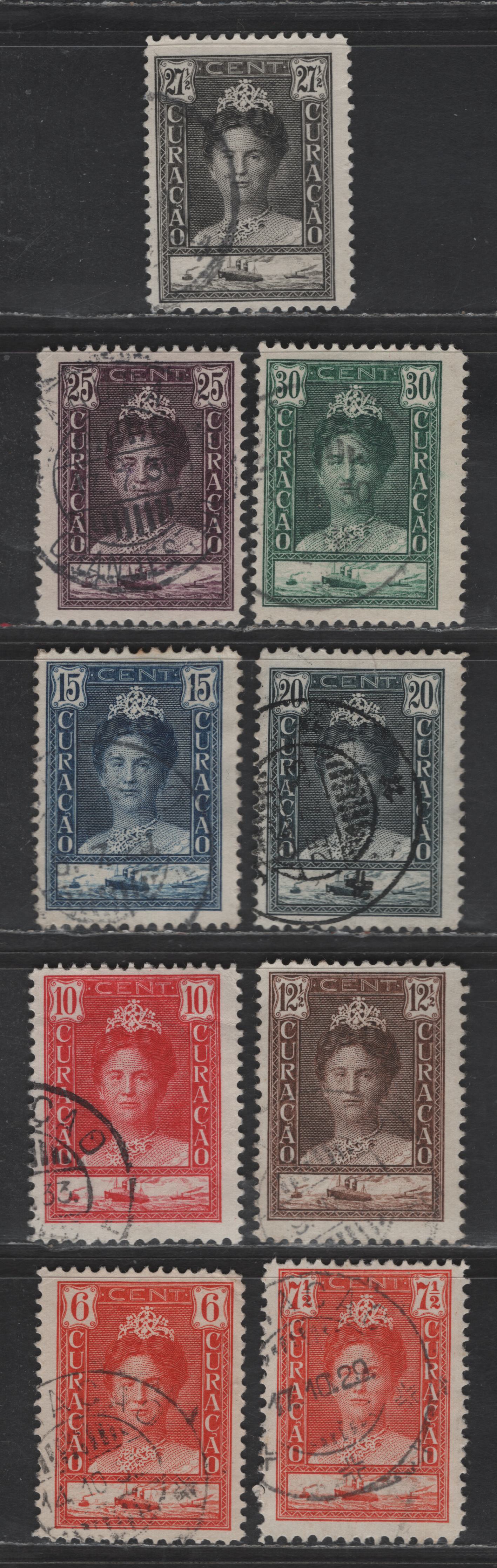 Lot 322 Netherlands Antilles SC#95-100, 102-104 6c - 30c Orange Red - Deep Green Queen Wilhelmina, 1928-1930 Queen Wilhelmina Issue, 9 Fine Used Singles, Perf 11.5