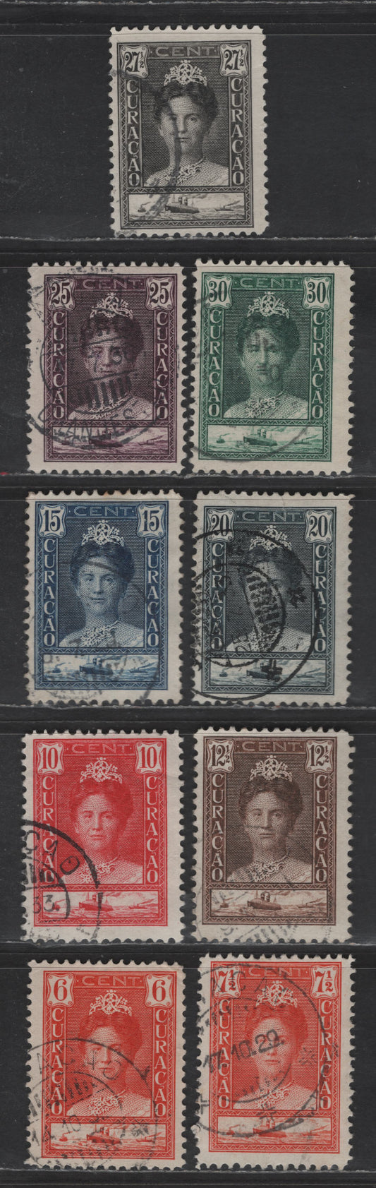 Lot 322 Netherlands Antilles SC#95-100, 102-104 6c - 30c Orange Red - Deep Green Queen Wilhelmina, 1928-1930 Queen Wilhelmina Issue, 9 Fine Used Singles, Perf 11.5