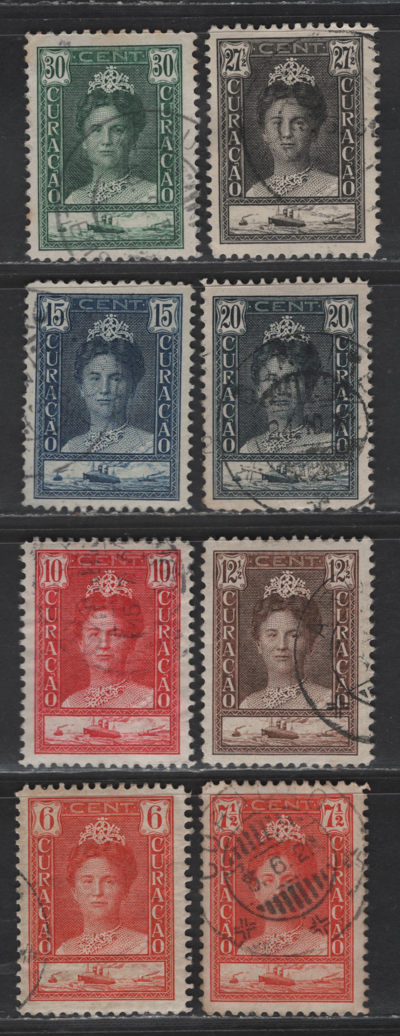 Lot 323 Netherlands Antilles SC#95-100, 103-104 6c - 30c Orange Red - Deep Green Queen Wilhelmina, 1928-1930 Queen Wilhelmina Issue, 8 Very Fine Used Singles, Perf 11.5