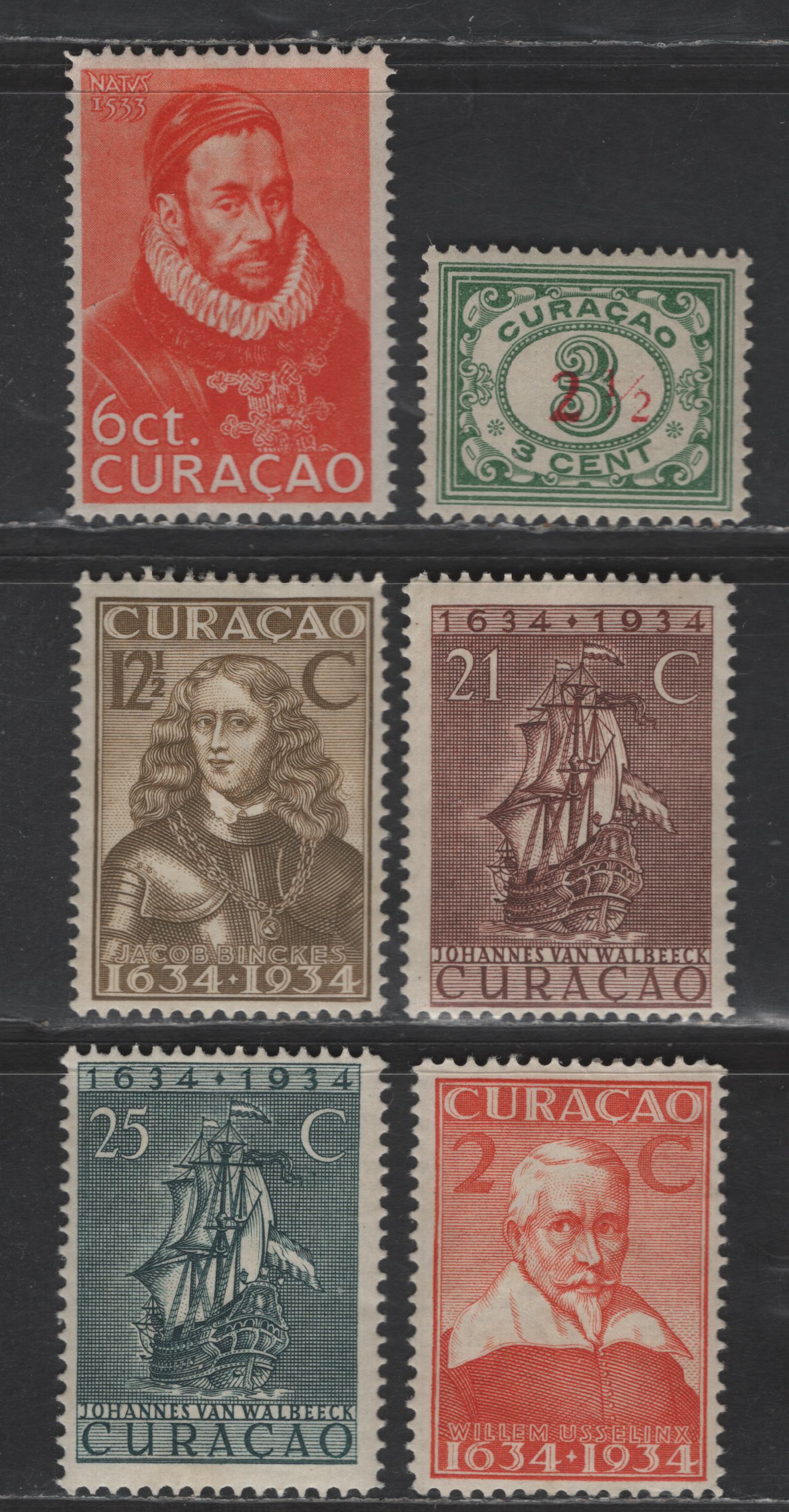 Lot 324 Netherlands Antilles SC#107, 109, 112, 117, 120-121 2.5c - 3c - 25c Green - Dull Green Surcharges - Founding of the Colony, 1931-1934 Surcharges - 3rd Centenary of Founding of the Colony Issues, 6 F/VFOG Singles