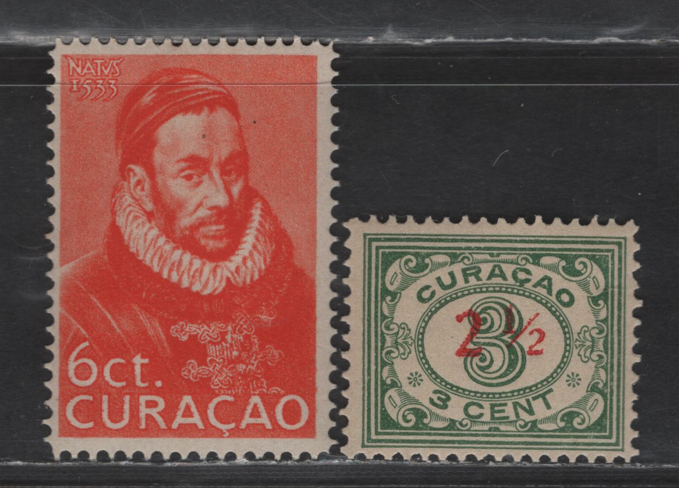 Lot 325 Netherlands Antilles SC#107, 109 2.5c on 3c - 6c Green - Deep Orange Surcharges - Prince William I, 1931-1933 Surcharges - 400th Anniv of the birth of Prince William I Issues, 2 FNH Singles