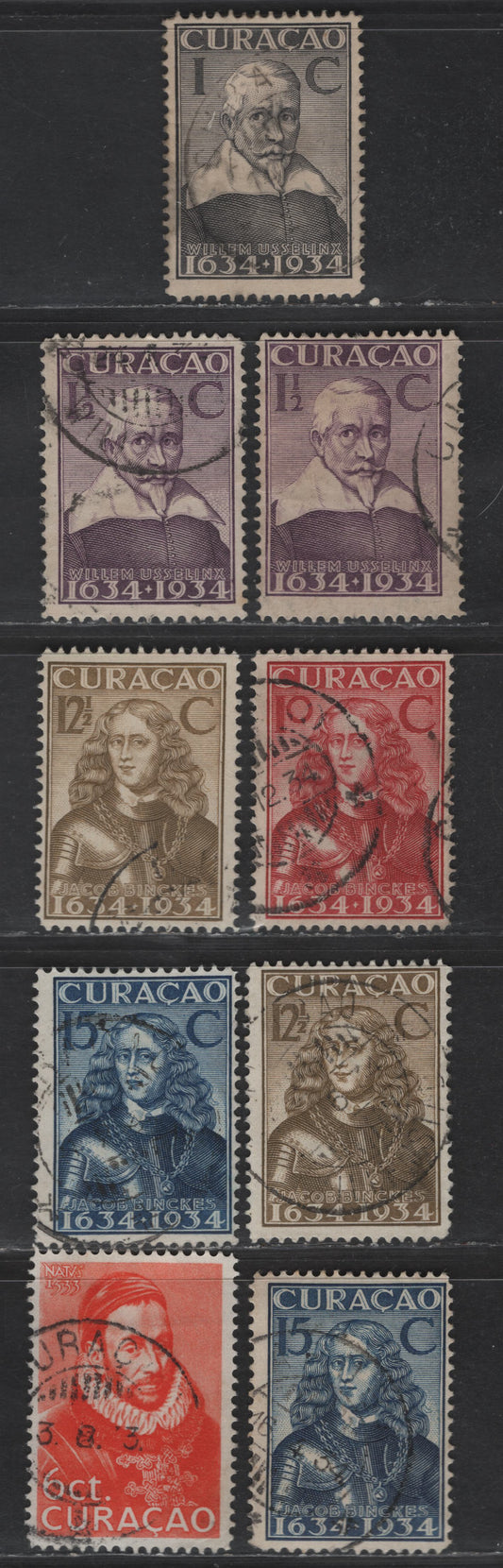 Lot 326 Netherlands Antilles SC#109-111, 116-118 6c - 15c Orange - Blue Prince William I - Founding of the Colony, 1934-1938 3rd Centenary of Founding of the Colony - 400th Anniv of the birth of Prince William I Issues, 6 Fine Used Singles