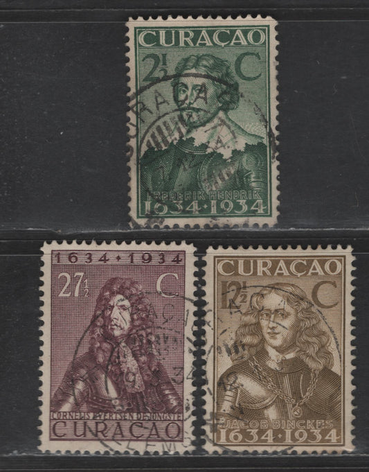 Lot 327 Netherlands Antilles SC#113, 117, 122 2.5c - 27.5c Dull Green - Brown Violet Founding of the Colony, 1934 3rd Centenary of Founding of the Colony Issue, 3 Very Fine Used Singles