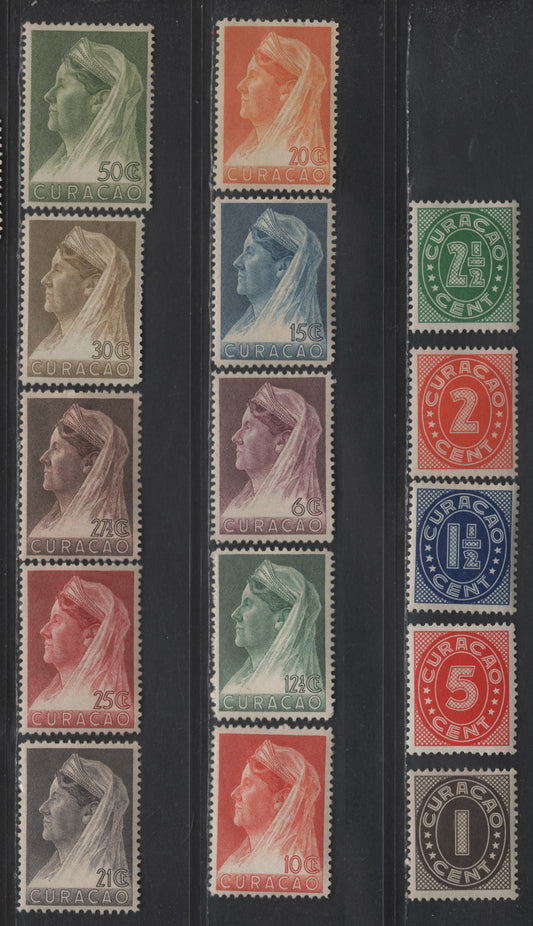Lot 328 Netherlands Antilles SC#127-141 1c - 50c Brown Black - Dull Yellow Green Numeral - Queen Wilhelmina, 1936 Numeral - Queen Wilhelmina Issue, 15 VFOG Singles