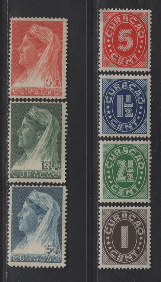 Lot 329 Netherlands Antilles SC#127-128, 130-131, 133-135 1c - 15c Brown Black - Dark Blue Numeral - Queen Wilhelmina, 1936 Numeral - Queen Wilhelmina Issue, 7 F/VFNH Singles