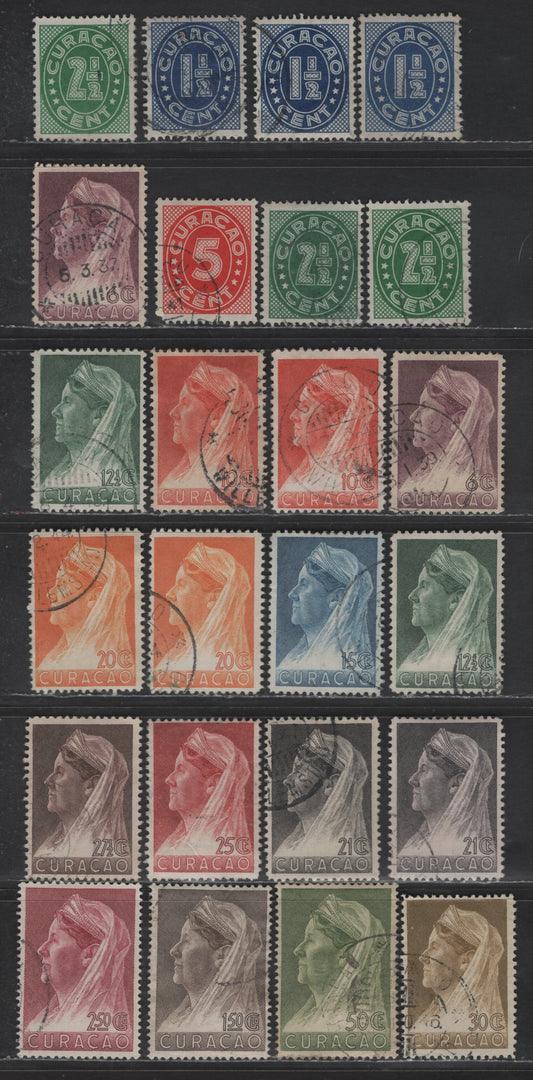 Lot 330 Netherlands Antilles SC#128, 130-143 1.5c - 2.5g Deep Ultramarine - Rose Lake Numeral - Queen Wilhelmina, 1936 Numeral - Queen Wilhelmina Issue, 24 Fine/Very Fine Used Singles, Additional Shades