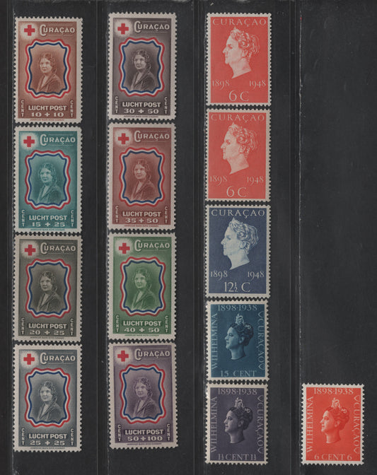 Lot 331 Netherlands Antilles SC#144-146, 199-200,  CB13-CB20 1.5c - 50c + 100c Dull Purple - Dark Violet Queen Wilhelmina - Red Cross, 1938-1944 40th Anniv of Queen's Reign - Red Cross Semi Postals, 14 F/VFOG Singles, Additional Shades