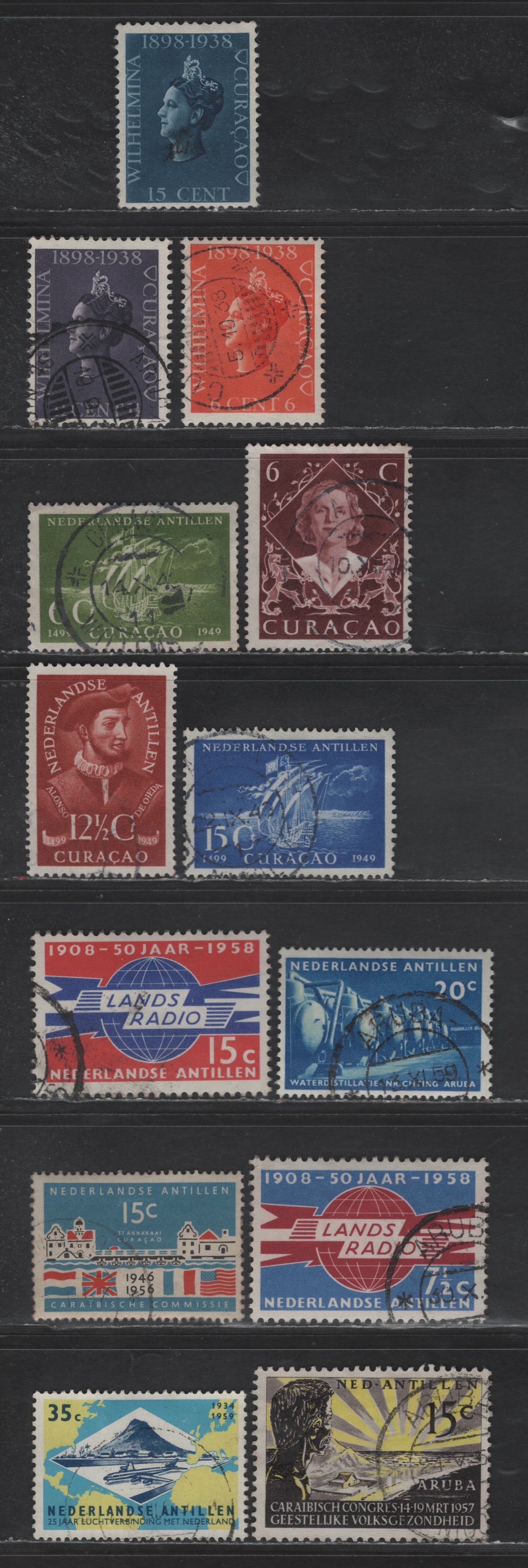 Lot 332 Netherlands Antilles SC#144/268 1.5c - 35c Dull Purple - Yellow, Light & Dark Blue Queen Wilhelmina - Map & Plane, 1938-1959 Queen Wilhelmina - Netherlands-Curacao Air Service Issues, 13 Fine/Very Fine Used Singles
