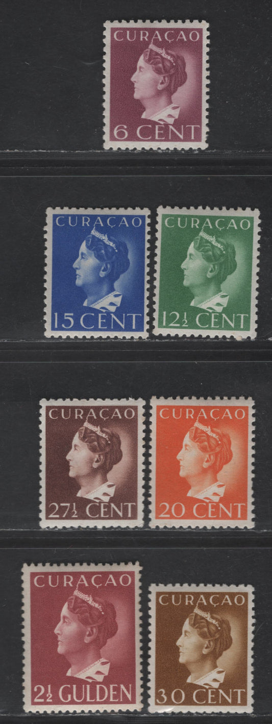 Lot 334 Netherlands Antilles SC#152, 154-156, 159-160, 163 6c - 2.5g Rose Violet - Rose Lake Queen Wilhelmina, 1941-1942 Queen Wilhelmina Issue, 7 VFOG Singles, Perf 12.5