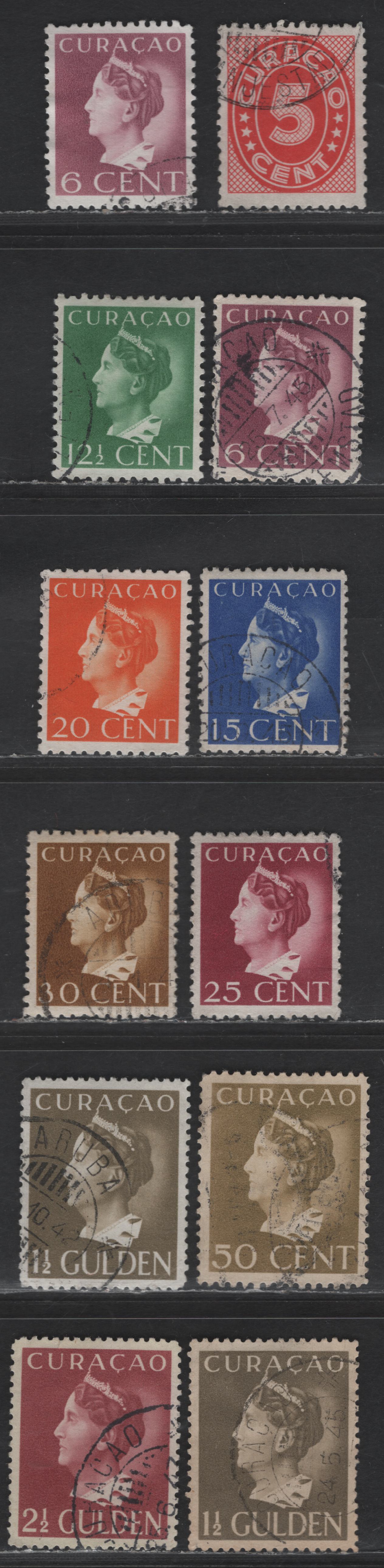 Lot 336 Netherlands Antilles SC#151-152, 154-156, 158, 160-163 5c - 2.5g Crimson - Rose Lake Queen Wilhelmina, 1941-1942 Queen Wilhelmina Issue, 12 Very Fine Used Singles, Shade Variations