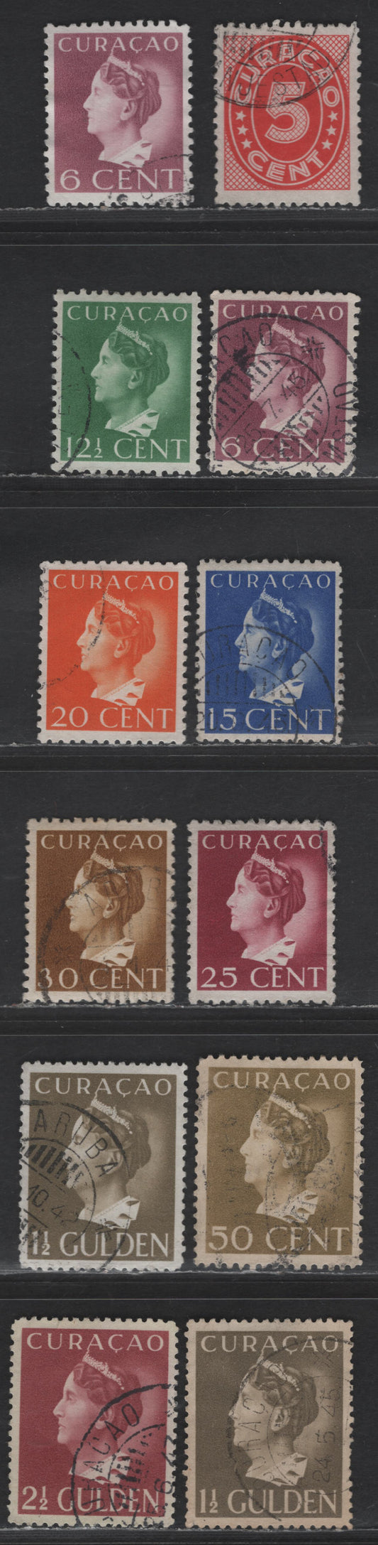 Lot 336 Netherlands Antilles SC#151-152, 154-156, 158, 160-163 5c - 2.5g Crimson - Rose Lake Queen Wilhelmina, 1941-1942 Queen Wilhelmina Issue, 12 Very Fine Used Singles, Shade Variations