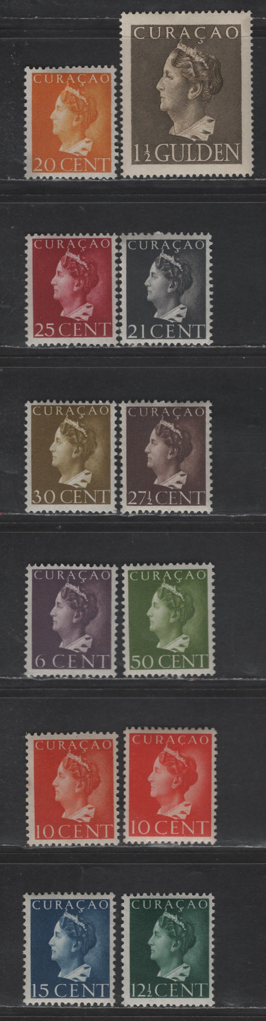Lot 337 Netherlands Antilles SC#174-184 6c - 1.5g Brown Violet - Dark Brown Queen Wilhelmina, 1947 Queen Wilhelmina Issue, 11 F/VFOG Singles, Perf 13.5x13