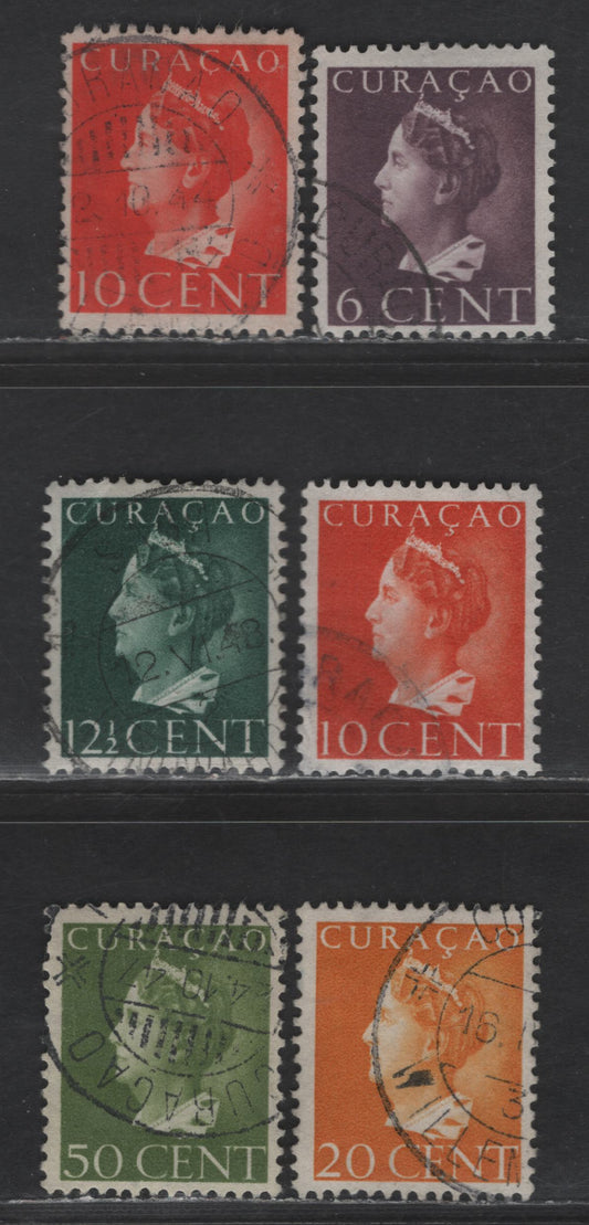 Lot 338 Netherlands Antilles SC#174-176, 178, 183 6c - 50c Brown Violet - Dull Yellow Green Queen Wilhelmina, 1947 Queen Wilhelmina Issue, 6 Fine/Very Fine Used Singles, Two Sizes of 10c