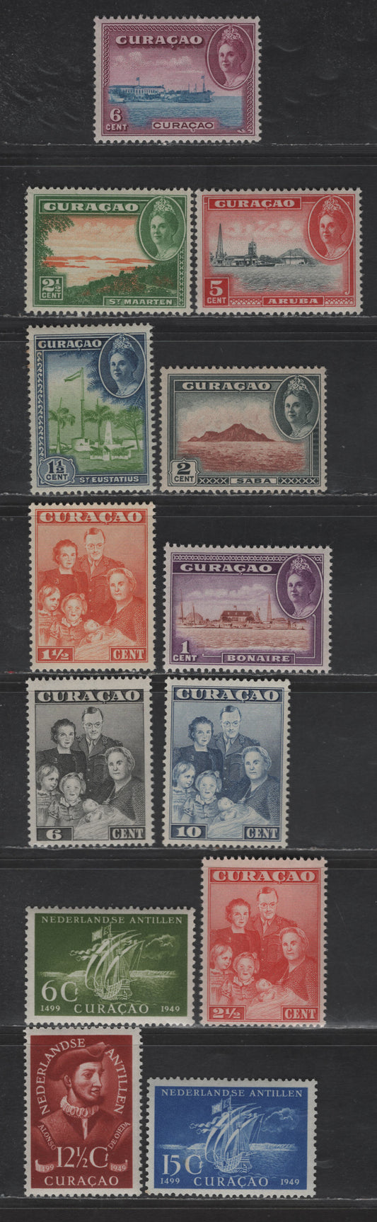 Lot 339 Netherlands Antilles SC#164-173, 203-205 1c - 15c Rose Violet & Orange Brown - Ultramarine Scenes - Discovery of Curacao, 1943-1949 Scenes - 450th Anniv of Discovery of Curacao, 13 VFNH Singles, #164 with Tiny Margin Tear, So Not Counted
