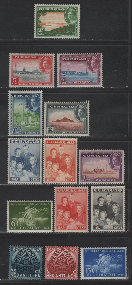 Netherlands Antilles SC#164-173, 203-207 1c - 25c Rose Violet & Orange Brown - Dull Blue Scenes - UPU, 1943-1949 Scenes - 75th Anniv of UPU Issues, 14 VFOG Singles