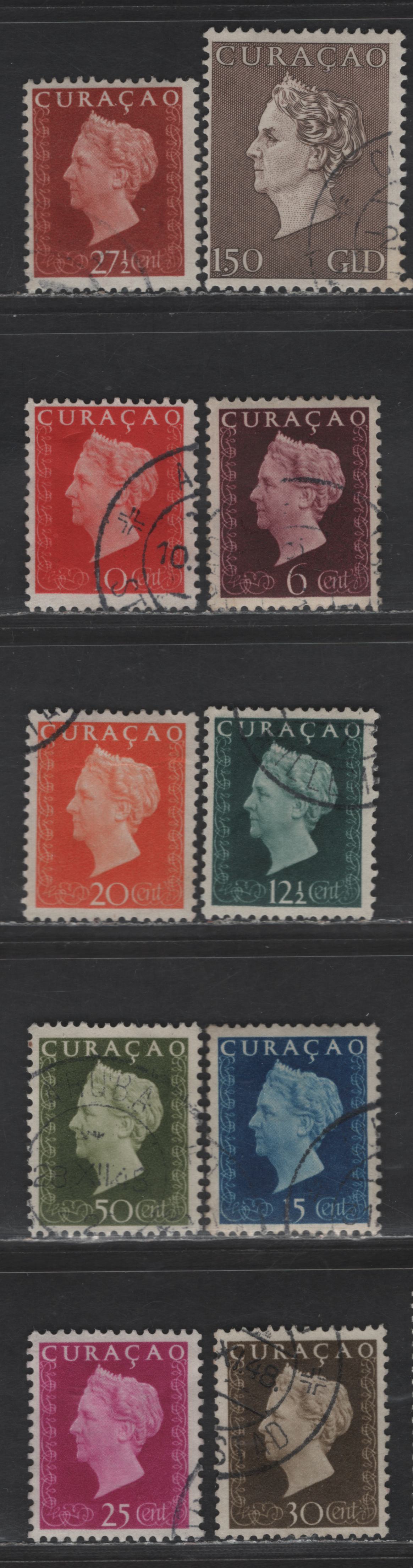 Lot 342 Netherlands Antilles SC#188-192, 194-198 6c - 1.5g Dark Violet Brown - Chocolate Queen Wilhelmina, 1948 Queen Wilhelmina Issue, 10 Fine/Very Fine Used Singles