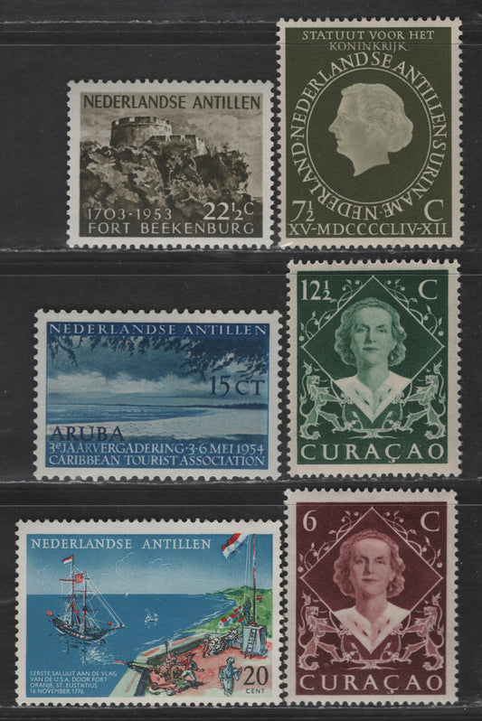Lot 343 Netherlands Antilles SC#201-202, 230-232, 273 6c - 20c Red Brown - Blue, Red, Green & Black Queen Wilhelmina - US Brig, 1961 Queen Wilhelmina - 185th Anniv of 1st Salute from Foreign Power to US Flag Issues, 6 F/VFOG Singles