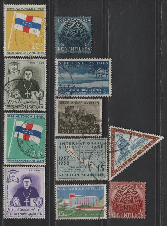 Lot 344 Netherlands Antilles SC#206-207, 230-231, 234, 241, 260, 263-264, 270-271 6c - 25c Brown Red - Olive Green Post Horns - Martinus J Niewindt, 1949-1960 UPU 75th Anniv - Death Centenary of Monsignor Niewindt Issues, 11 Very Fine Used Singles
