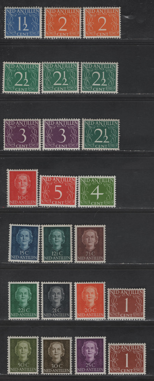 Lot 346 Netherlands Antilles SC#208-213, 215-222, 225 1c - 30c Red Brown - Olive Brown Queen Juliana - Numerals, 1950-1957 Queen Juliana & Numeral Issues, 23 F/VFOG/NH Singles, Additional Shades