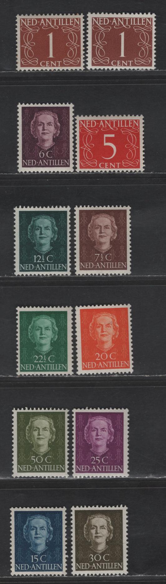 Lot 349 Netherlands Antilles SC#208, 213-215, 217-219, 221-222, 224-225 1c - 50c Red Brown - Olive Green Queen Juliana, 1950-1979 Queen Juliana Issue, 12 F/VFOG/NH Singles