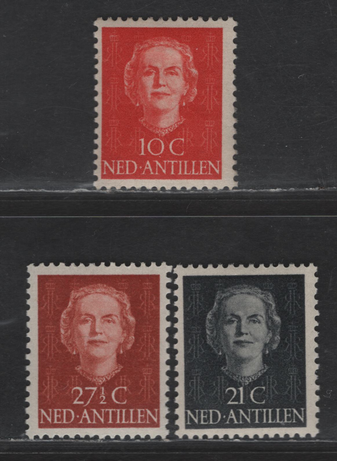 Netherlands Antilles SC#216, 220, 223 10c - 27.5c Red - Henna Brown Queen Juliana, 1950-1979 Queen Juliana Issue, 3 F/VFOG Singles